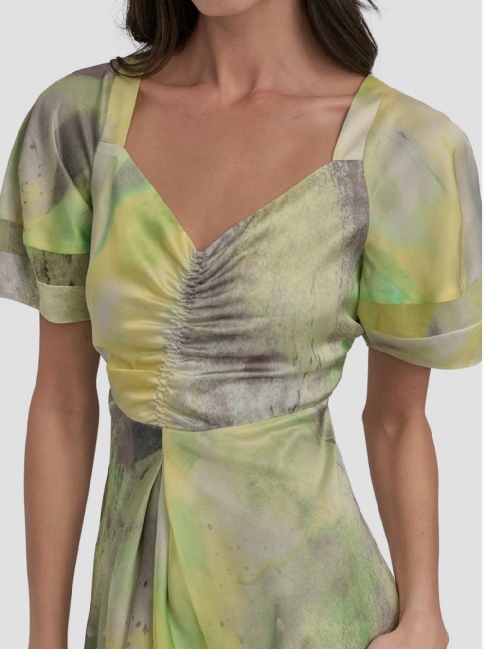 DKNY Printed Satin Midi Dress Watercolor Yellow Green Size Large NEW - Picture 2 of 12